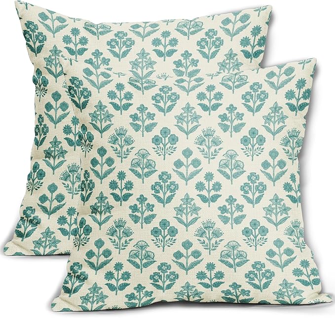 Teal Floral Pillow Covers 22x22 Inch Set of 2, Vintage Flower Block Print by Sivirary