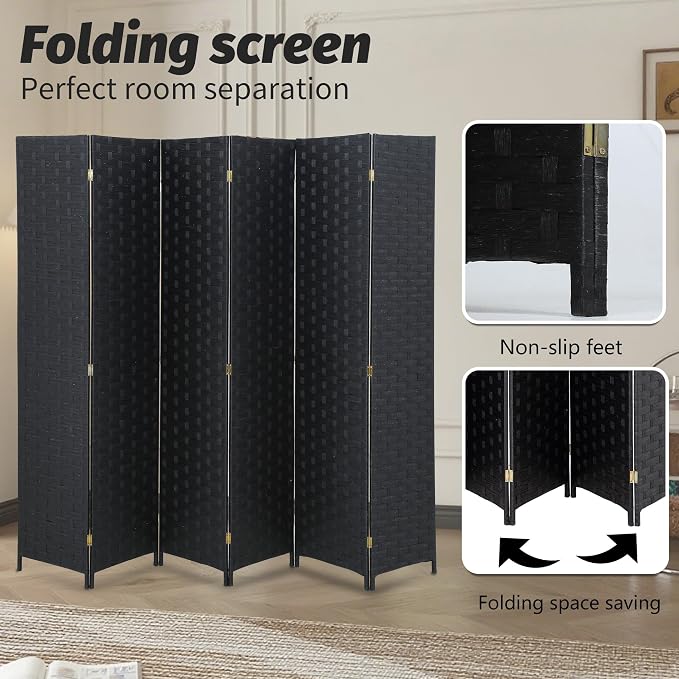 FDW Room Divider 6 Panels Wood Mesh Hand-Woven Design Indoor Folding Portable - Image 5