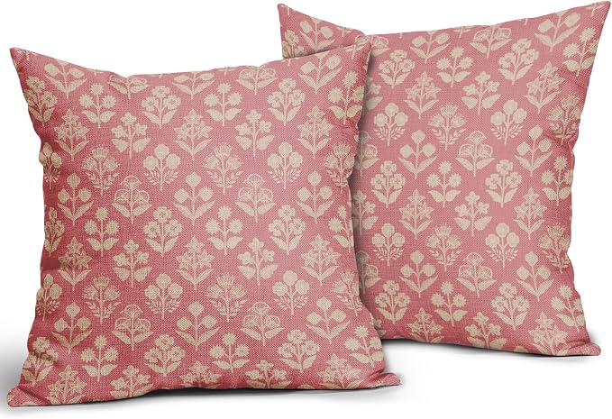 Pink Floral Block Print Pillow Covers 18x18 Inch Set of 2, Vintage Flower - Image 2