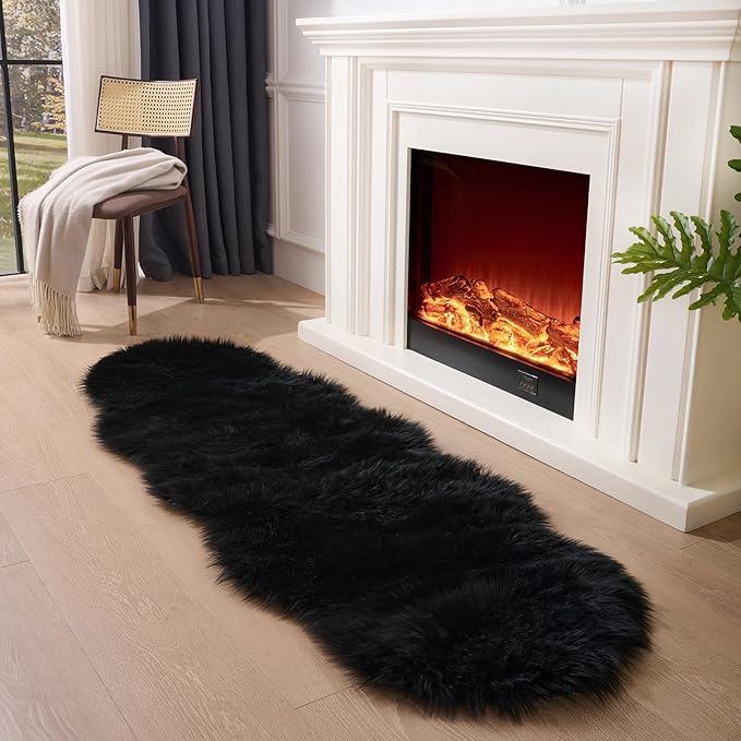 Faux Fur Rug Runner 2x6 ft Black by CKLZSAY