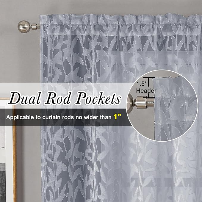 Lecloud Leia Light Grey 2 PCS Sheer Kitchen Curtains 30 Inch Length, Breathable - Image 2