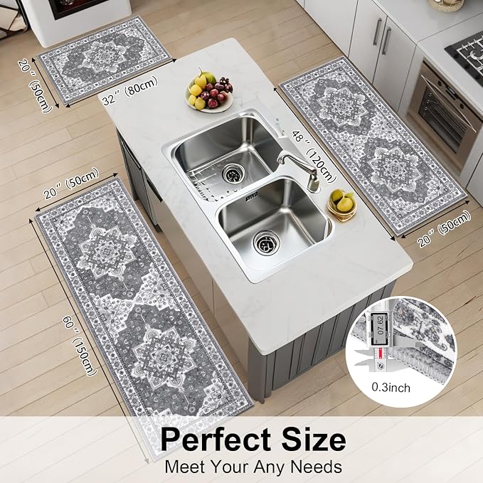 HEBE Farmhouse Kitchen Rugs Sets of 3 Non Slip Washable Boho Kitchen Rugs and - Image 2