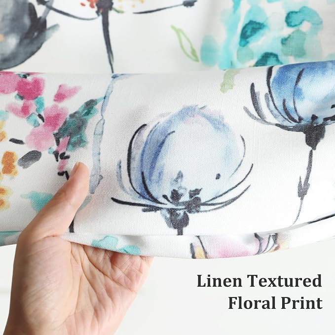 Leeva Blue Watercolor Floral Pleated Valance, Linen Textured Rod Pocket Scallop - Image 6