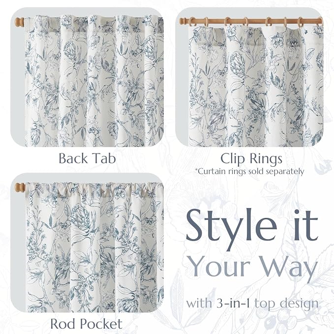 jinchan Floral Curtains 63 Inch Length Blue Flower Linen Farmhouse Curtain - Image 5