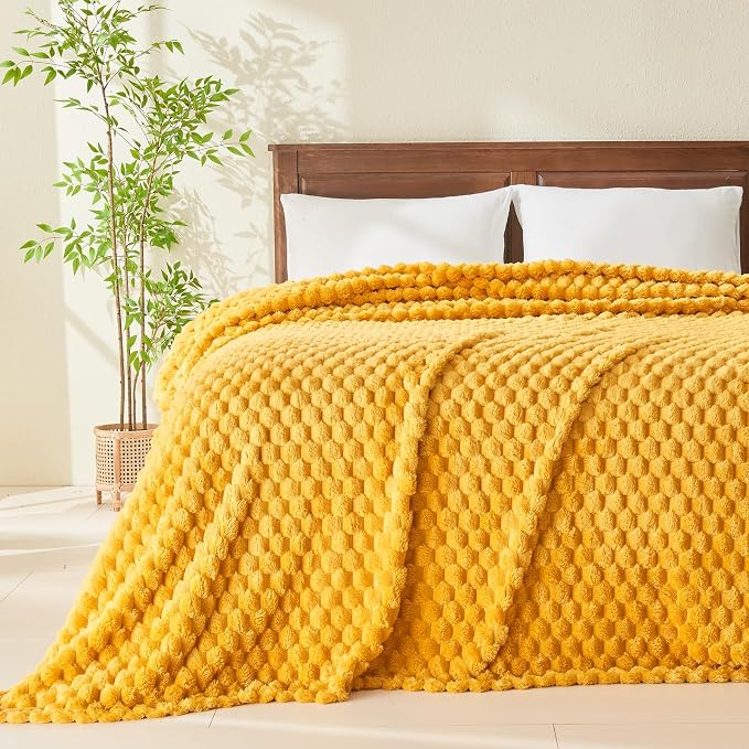 NEWCOSPLAY Super Soft Queen Blanket Mustard Yellow Premium Silky Flannel Fleece - Image 2