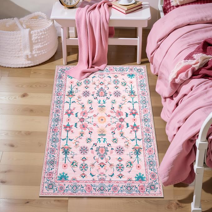 Tangsoo Pink Small Rug for Entryway, 2x3 Washable Entry Rug for Girls Nursery - Image 3