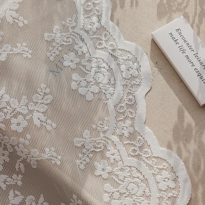 Rinwoc White Lace Semi-Sheer Valance Cafe Curtains – Vintage Floral Lace Tiers - Image 7