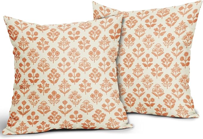 Orange Floral Pillow Covers 18x18 Inch Set of 2, Vintage Flower Block Print - Image 2