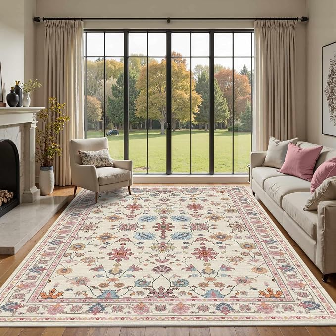 Rugxara Pink Rug for Living Room Bedroom, Floral 8x10 Washable Rug, Vintage - Image 2