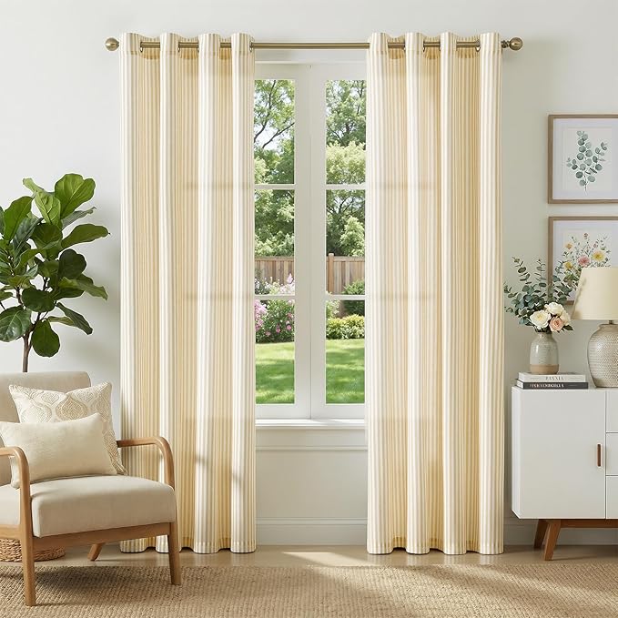 jinchan Linen Curtains for Living Room Yellow Vertical Striped on White by JINCHAN