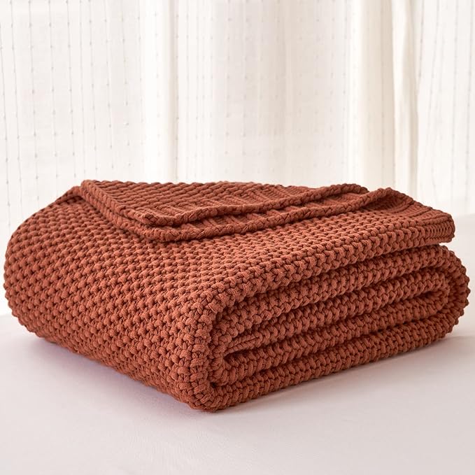 Chunky Cable Knit Throw Blanket Lightweight Rust 100% Organic Cotton Blanket - Image 4