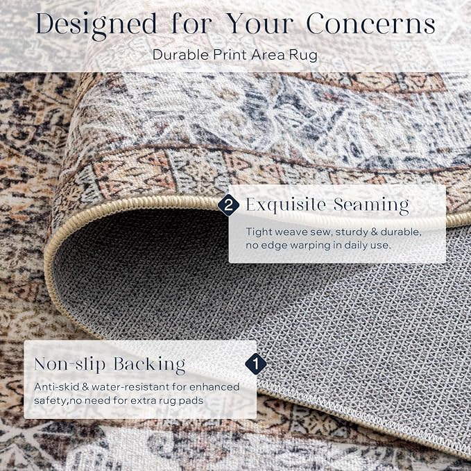 Phantoscope Washable Area Rug 5'x7' Non-Slip, Vintage Neutral Rugs - Image 4