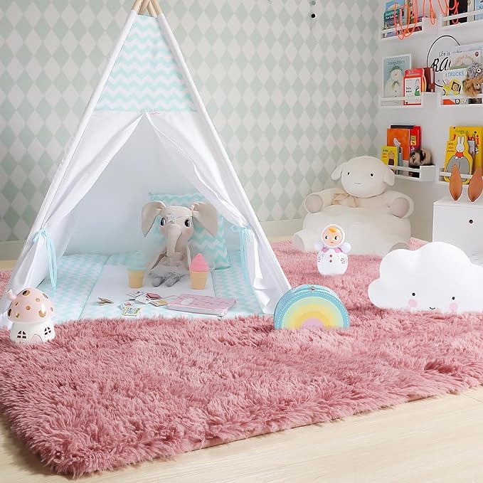 Amdrebio Blush Pink Area Rugs for Girls Bedroom Kids Room, 5x7 Fuzzy Furry - Image 7