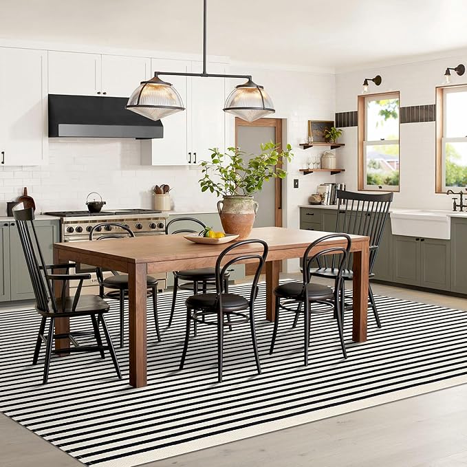IOHOUZE Black Beige Striped Rug -8'x10' Indoor Outdoor Rug, Washable Area Rug - Image 2