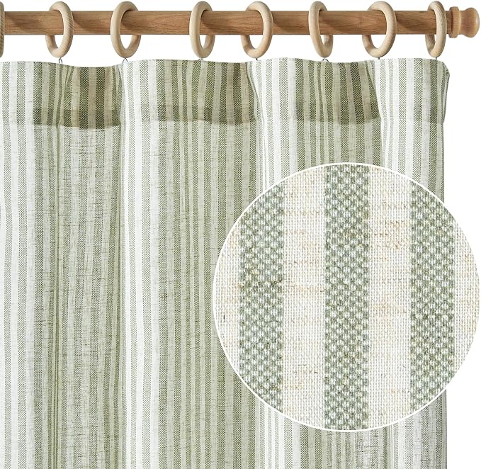 jinchan Linen Curtains for Living Room Sage Green Striped Curtains for Bedroom - Image 2