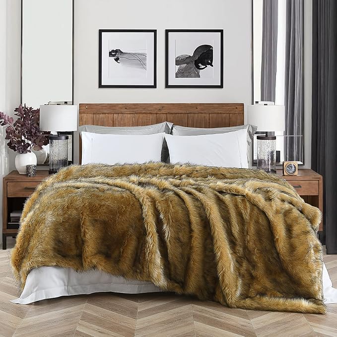 Luxury Plush Faux Fur Blanket Queen Size, Long Pile Golden Yellow - Image 2