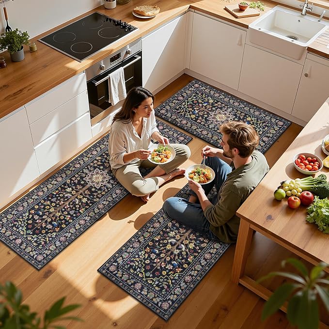 HEBE Boho Kitchen Rugs Sets of 3 Non Slip Washable Farmhouse Kitchen Rugs and - Image 3