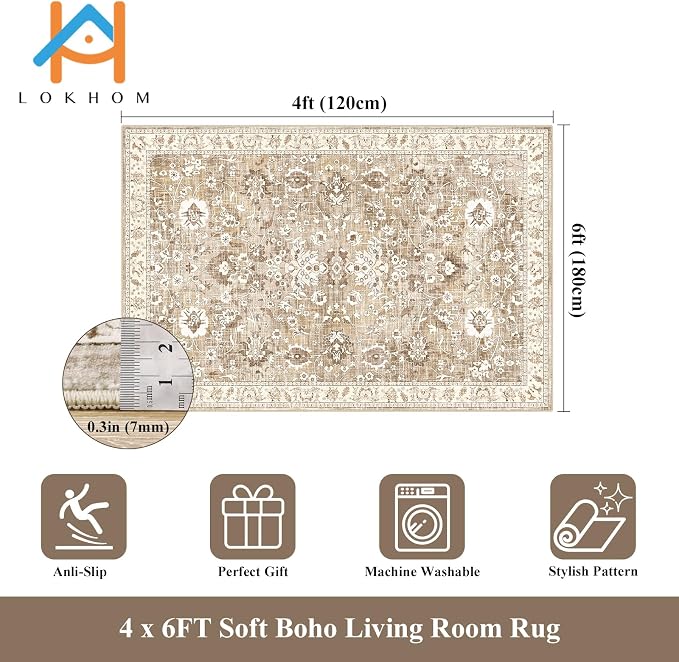 LOKHOM Washable Area Rug, 4x6 Non-Slip Kitchen Area Mat Vintage Living Room Rug - Image 2