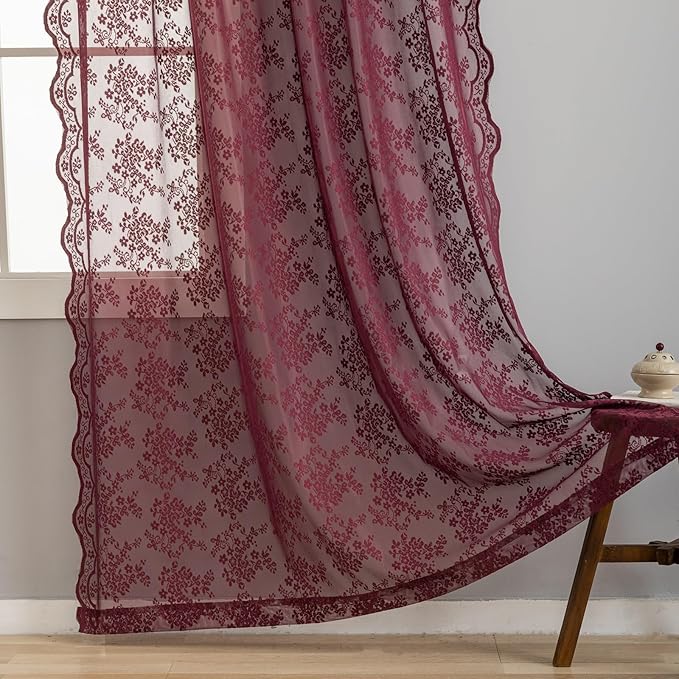 YJ YANJUN Vintage Lace Curtains 63 Inch Length 2 Panels- Burgundy Sheer Curtains - Image 3