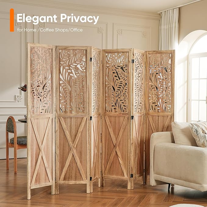 Boho Room Divider with Leaves Carving, 6-Panel Openwork Wood Screen, Decorative - Image 5