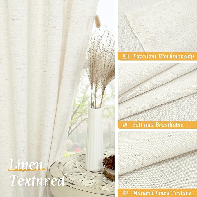 LAMIT Cream Linen Curtains 48 Inch Length 2 Panels, Light Filtering Faux Linen - Image 7