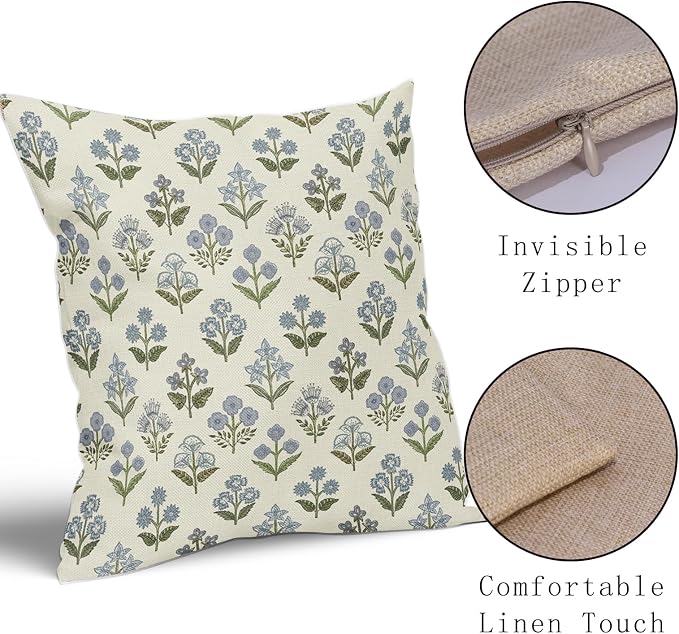 Blue Green Block Print Pillow Covers 22x22 Inch Set of 2, Vintage Floral Spring - Image 4