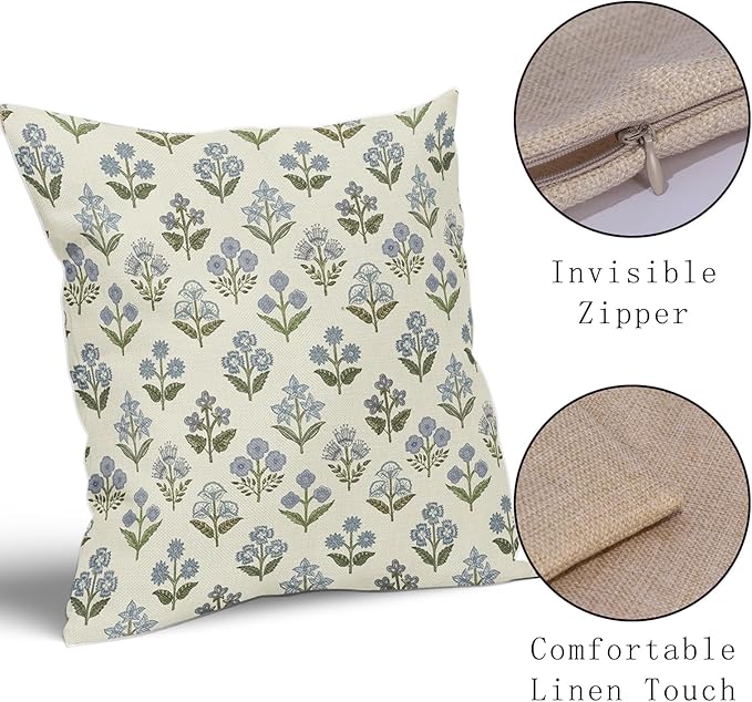 Blue Green Block Print Pillow Covers 16x16 Inch Set of 2, Vintage Floral Spring - Image 4