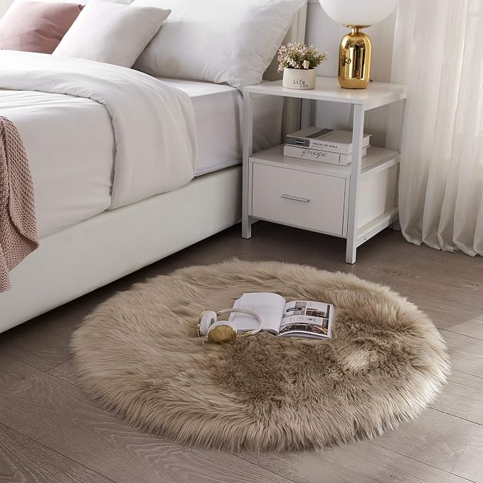 SERISSA Ultra Soft Round Faux Sheepskin Fur Area Rug Beige Circular Shaggy Rug - Image 4