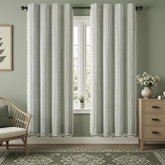 Boho Blackout Curtains 90 Inches Long Sage Green Linen Blend 2 Panels by Unknown