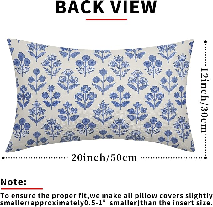 Blue Floral Pillow Covers 12x20 Inch Set of 2, Block Print Lumbar Flower Cream - Image 3