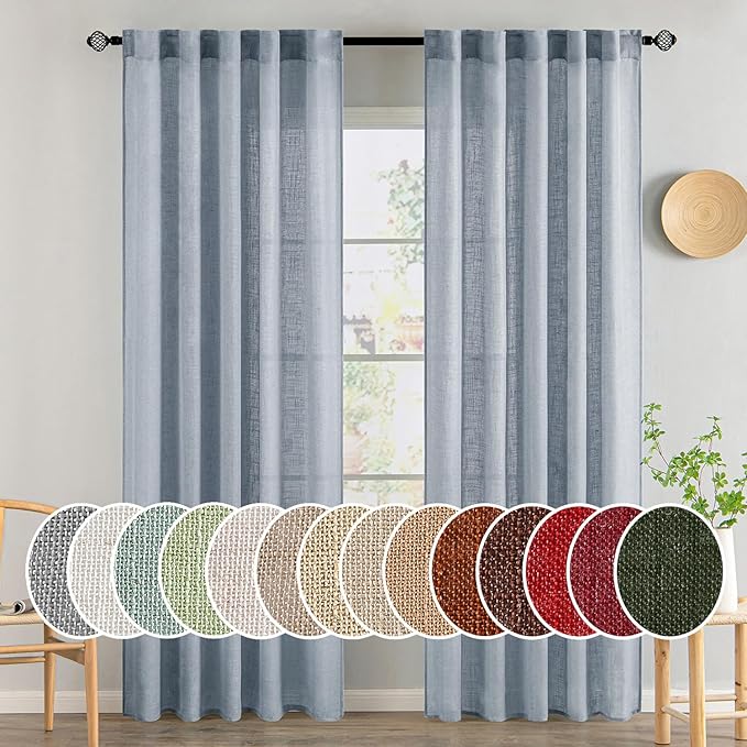 MIULEE Chambray Blue Linen Curtains 84 Inch Length 2 Panels by MIULEE