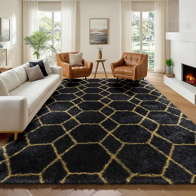 ONASAR 7x9 Area Rugs for Living Room Bedroom, Large Boho Fluffy Black and Gold - Image 3