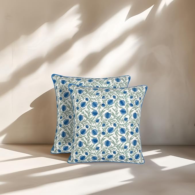 Ridhi Block Print Queen Blue Pillow Cover 18" x 18" Decorative Couch Pillows - Image 9
