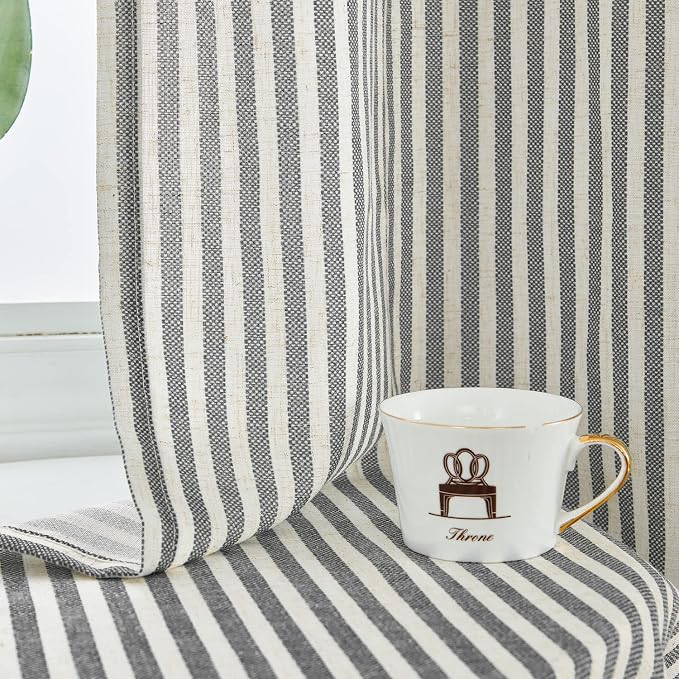 jinchan Linen Curtains for Living Room Charcoal Grey on Beige Striped Curtains - Image 3