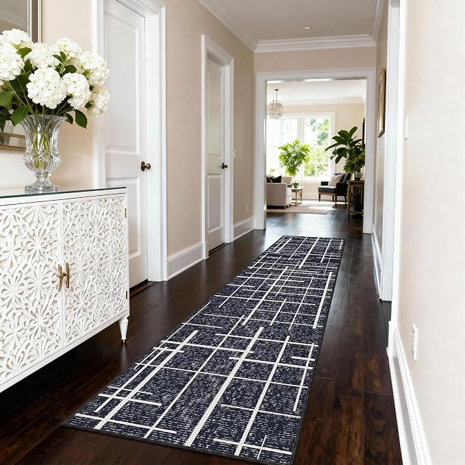 Non Slip Hallway Runner Rug 2x8, Modern Distressed Stripe, Washable Long Rug - Image 9