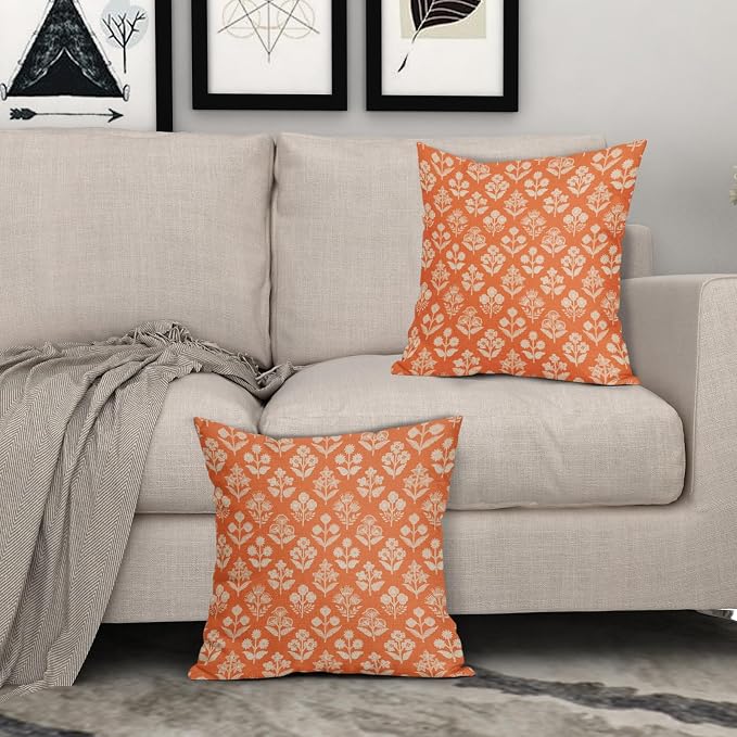 Orange Floral Block Print Pillow Covers 20x20 Inch Set of 2, Vintage Flower - Image 3