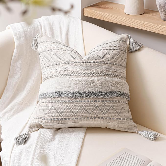 BlissBlush 18X18 Throw Pillow Cover, Cream Neutral Square Decorative Cushion by BlissBlush