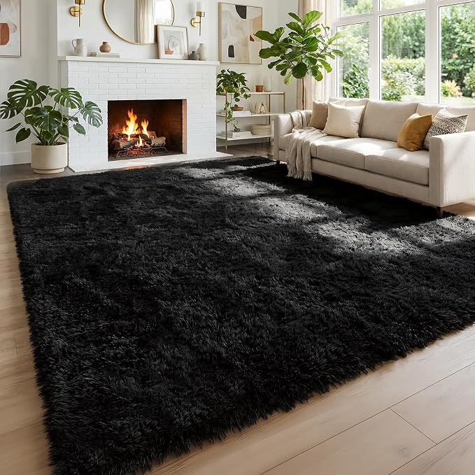 Amdrebio Black Area Rugs for Bedroom, Large Fluffy Rug for Living Room Decor by Amdrebio
