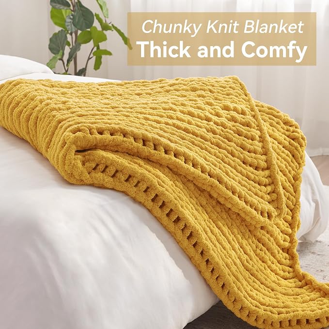 Chunky Knit Throw Blanket, Handmade Yellow Crochet Big Thick Blanket, Machine - Image 5