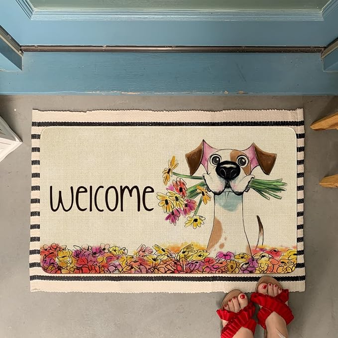 Spring Summer Door Mat, Floral Dog Indoor Outdoor Non-Slip Doormat, Entryway - Image 2