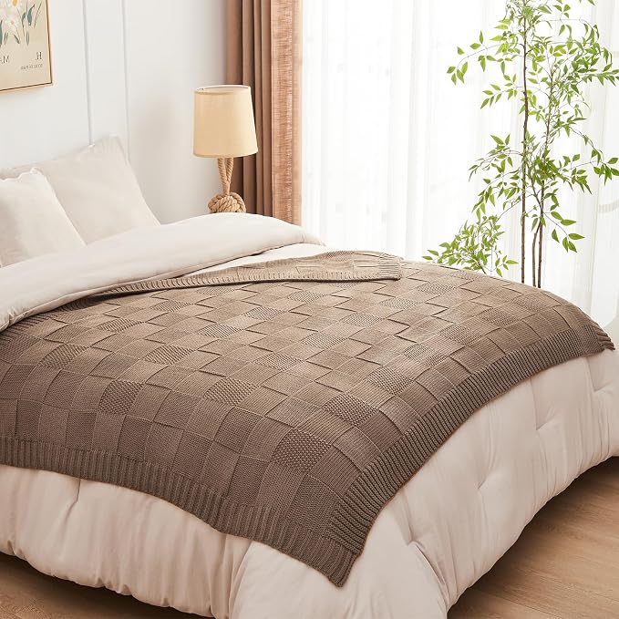 CozeCube Check Knit Throw Blanket, Light Brown Checkered Throw - Image 6
