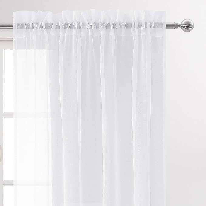DWCN Sheer White Curtains 95 inch Length 2 Panels, Elegant Rod Pocket Solid - Image 2