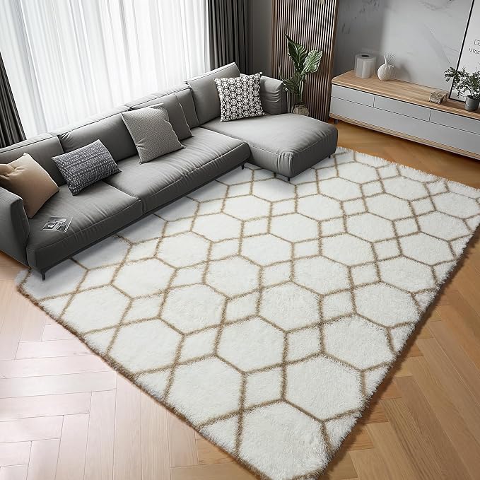 ONASAR 5x7 Area Rugs for Living Room Bedroom, Fluffy White and Beige Faux Fur by ONASAR
