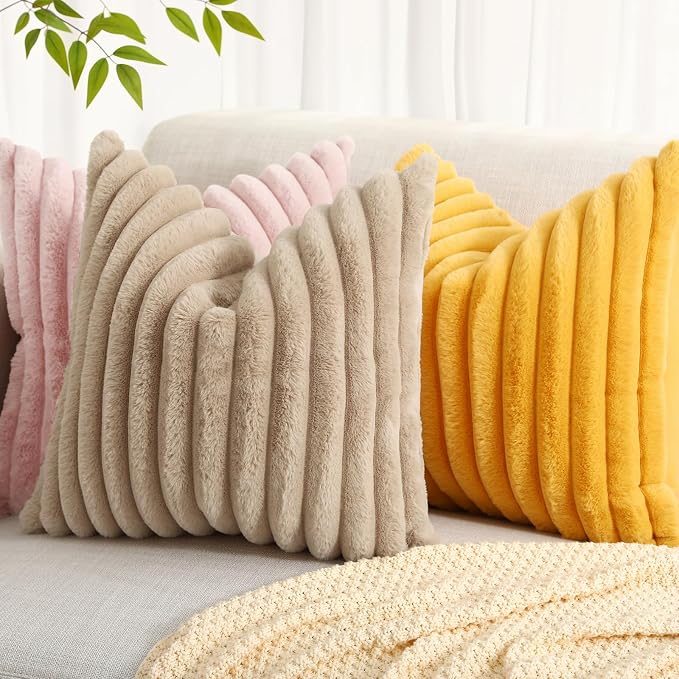decorUhome Summer Cozy Faux Fur Throw Pillow Covers 24x24 Set of 2 Decorative - Image 5
