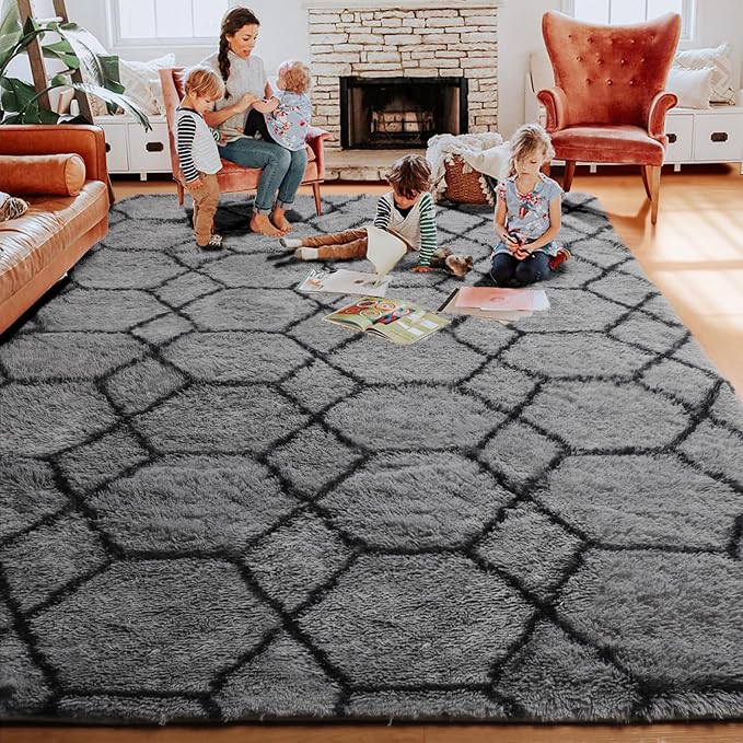 ONASAR 7x9 Area Rugs for Living Room Bedroom, Large Fluffy Grey and Black Throw - Image 5