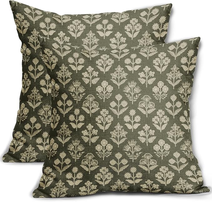 Olive Green Pillow Covers 24x24 Inch Set of 2, Vintage Flower Block Print by Sivirary