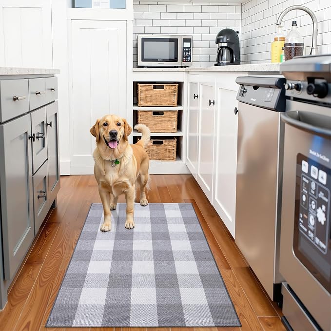 OLANLY Buffalo Plaid Rug 2'4" x 3'7" – Grey and White Cotton Checkered Doormat - Image 3