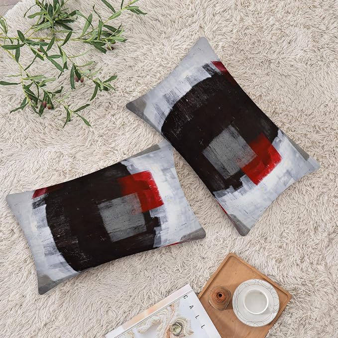 Red and Grey Abstract Art Pillow Cover, Modern Black White Decorative Throw - Image 6