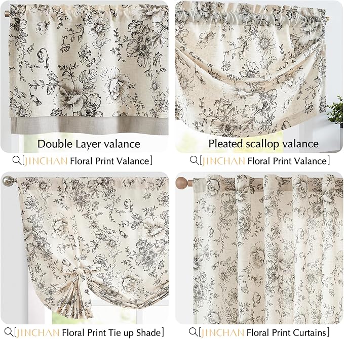 jinchan Linen Valance Curtain Farmhouse Black Floral Small Window Curtain - Image 9