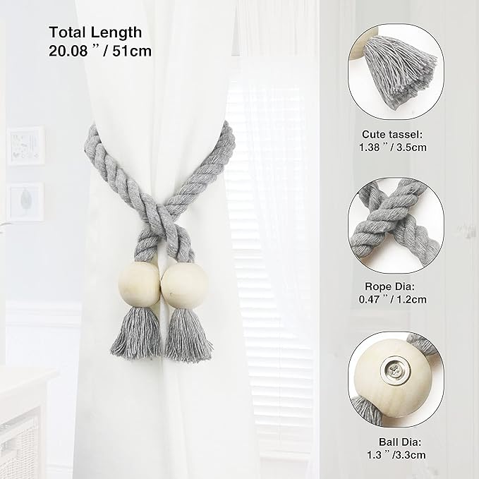 6 Pack Magnetic Curtain Tiebacks Cotton Hand Woven Tie Back Decorative Rope - Image 3